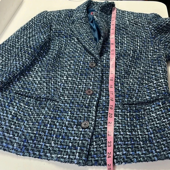 Tweed blazer wool blend blue blazer shoulder pads buttons front pockets washable - Picture 4 of 10